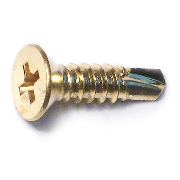 Self-Drilling Screw, #10 x 3/4 in, Brass Plated Steel Flat Head Phillips Drive, 100 PK